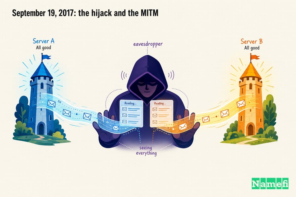 Vivid colorful concept art of a quiet eavesdropper figure reading two streams of mail flowing between two distant towers, the streams passing invisibly through their hands while both towers glow as if nothing is wrong