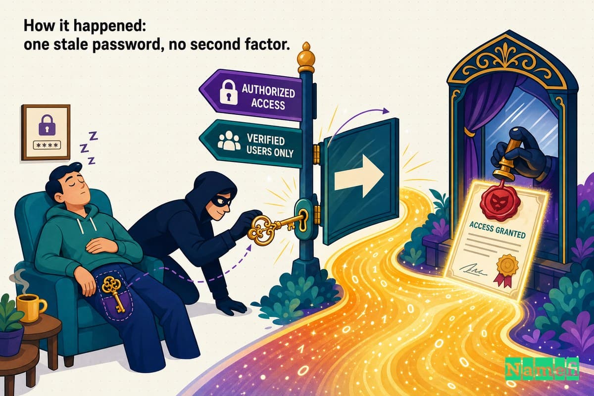 Vivid colorful concept art of a single ornate key being lifted from a sleeping keyholder's pocket and used to swing open a giant signpost that reroutes a river of light toward a hidden mirrored booth, where a forged wax seal stamps a glowing certificate