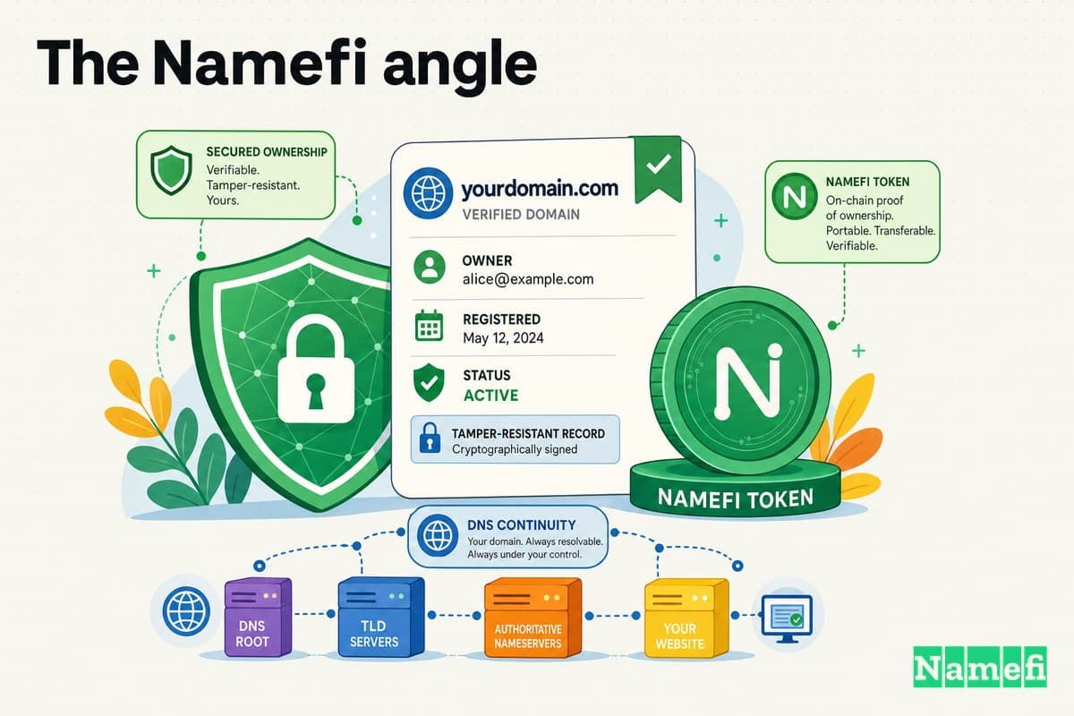 Colorful illustration of verifiable, tamper-resistant domain ownership — a domain card secured by a green shield, a green Namefi token, and DNS continuity