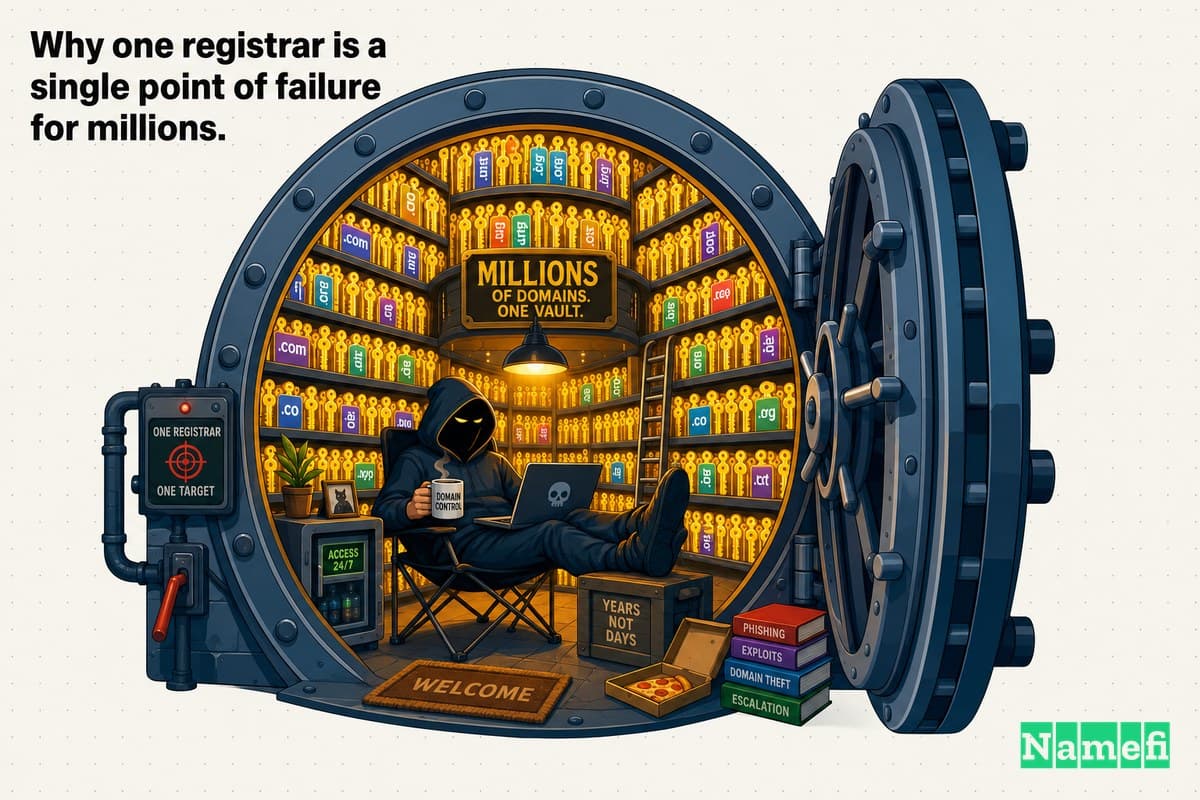 Vivid colorful concept art of a central service vault stacked with many glowing website and certificate keys while a shadowy intruder moves among shared systems, dramatic lighting