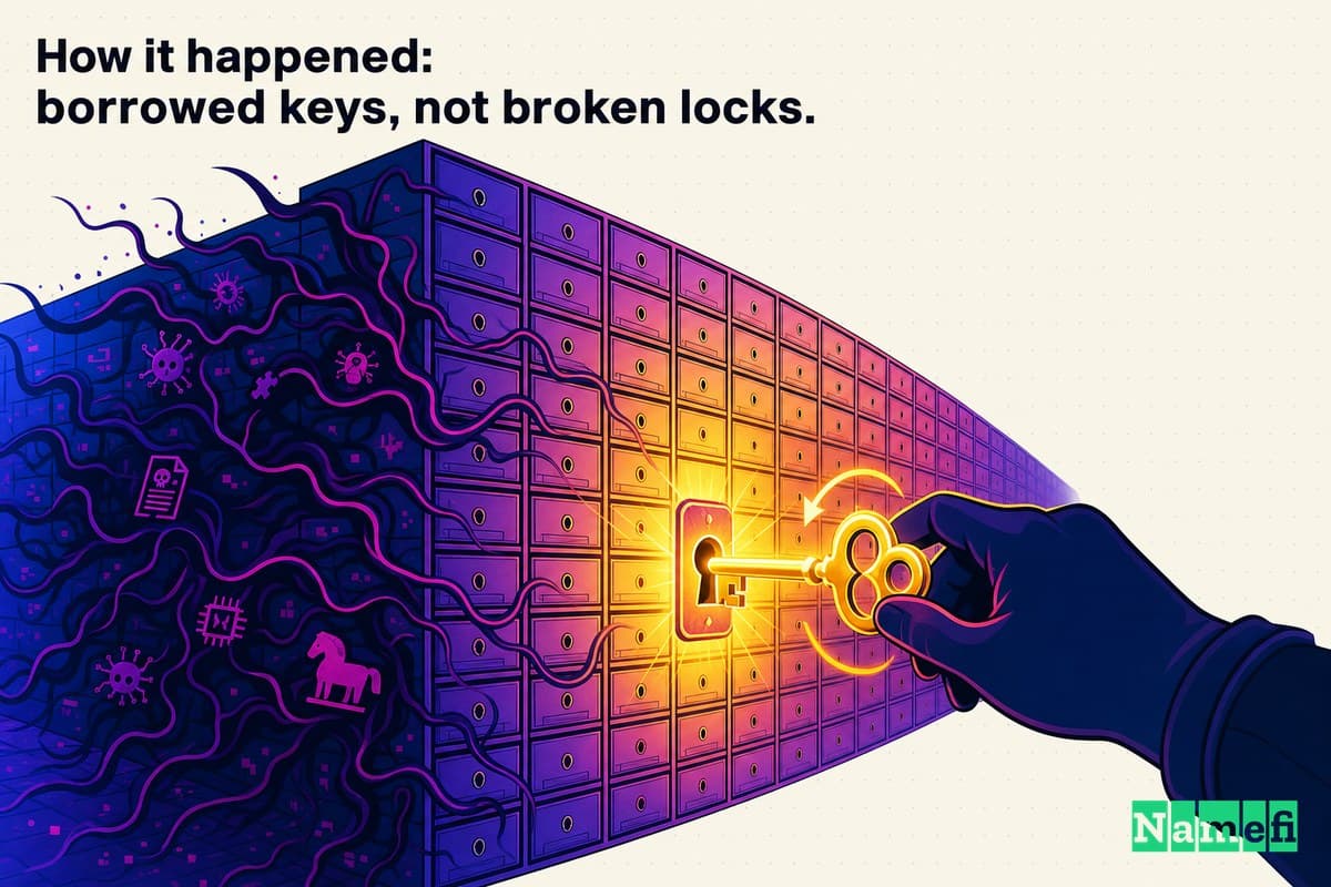 Vivid colorful concept art of a single glowing skeleton key being turned to open an entire towering wall of hundreds of mailbox doors at once, faint malware tendrils creeping along the wall like vines, dramatic neon lighting, no logos