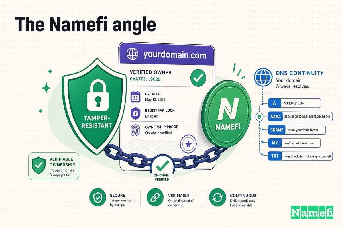 Colorful illustration of verifiable, tamper-resistant domain ownership — a domain card secured by a green shield, a green Namefi token, and DNS continuity
