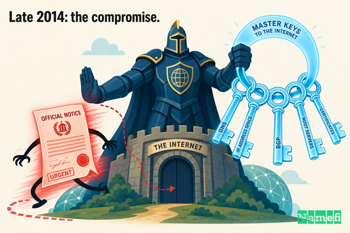 Vivid colorful concept art of a fraudulent official letter slipping past an identity-system guardian while protected data files glow behind the doorway