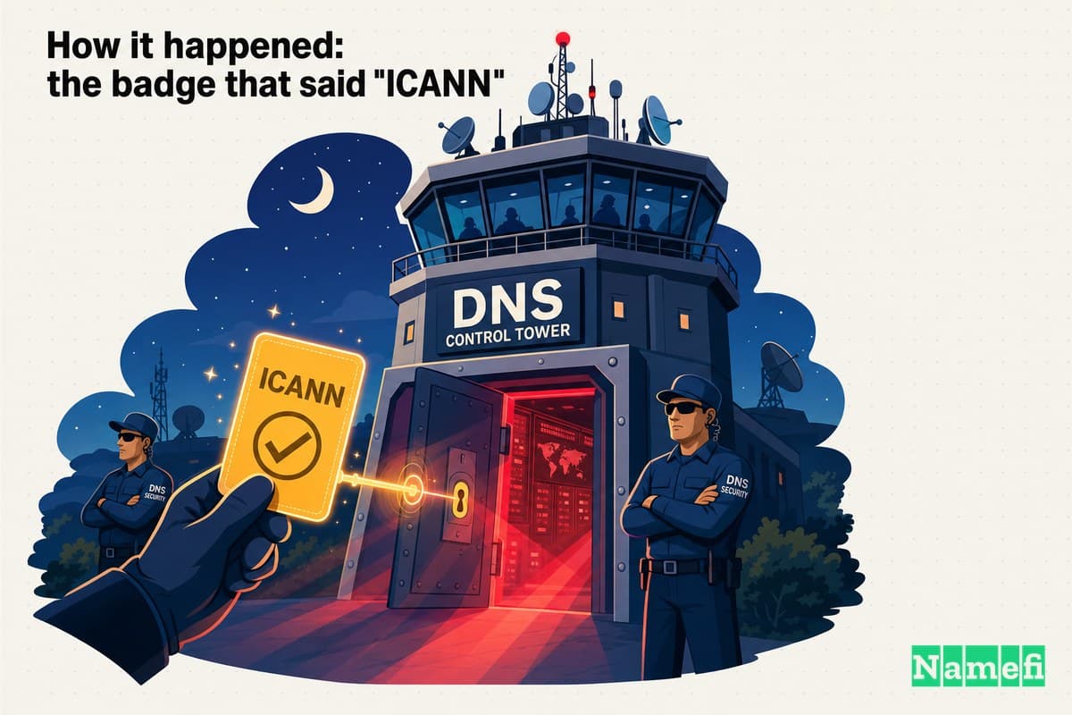 Arte conceptual vívido y colorido de una torre de control para el sistema de nombres de dominio de noche, una única credencial falsa y brillante estampada con una marca de verificación que abre sus puertas mientras los guardias reales permanecen ajenos, con haces de luz roja que se escapan