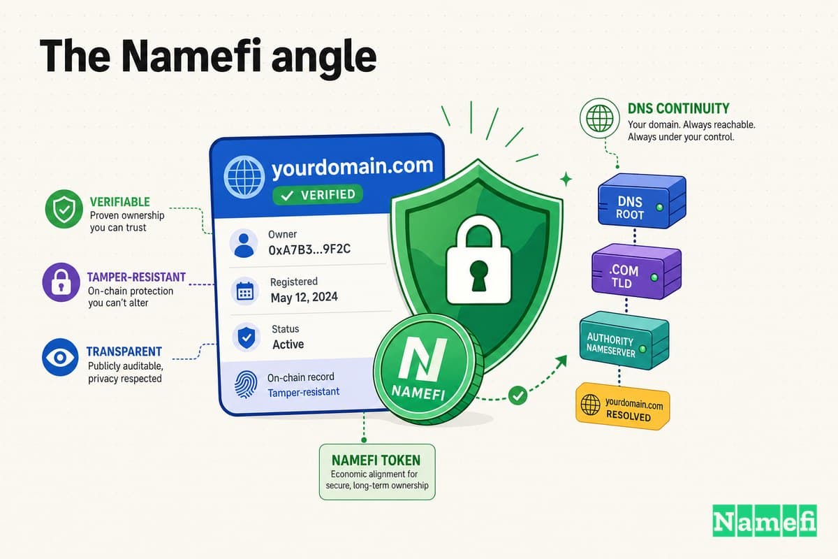 Ilustración colorida de la propiedad de dominio verificable y resistente a la manipulación — una tarjeta de dominio asegurada por un escudo verde, un token Namefi verde y la continuidad del DNS