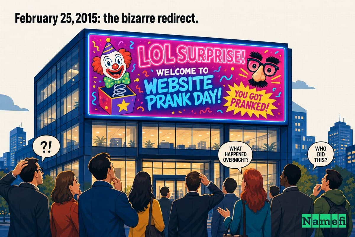 Vivid colorful concept art of a corporate glass storefront whose illuminated sign has been swapped overnight for a garish prank billboard, neon pinks and electric blues, a crowd staring up in confusion, no brand logos