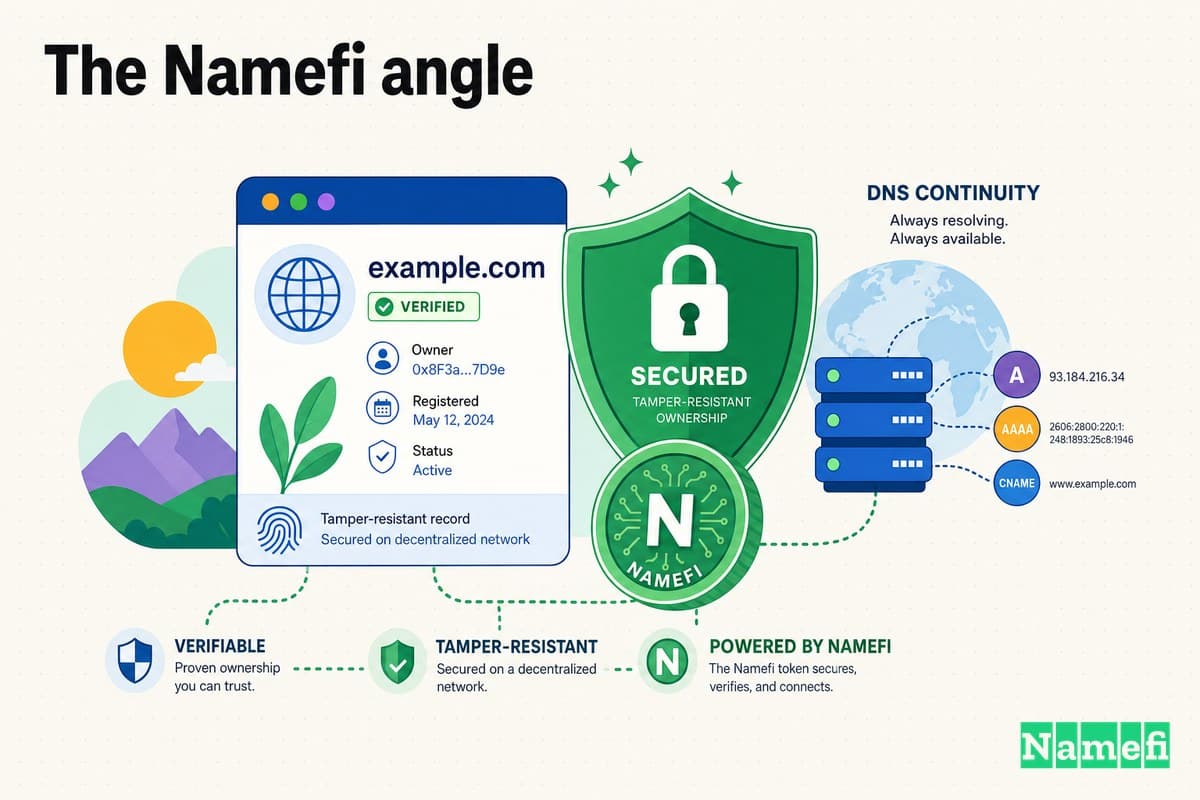 Colorful illustration of verifiable, tamper-resistant domain ownership — a domain card secured by a green shield, a green Namefi token, and DNS continuity