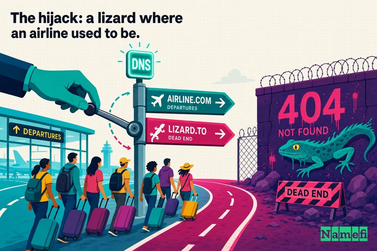 Vivid colorful concept art of a glowing DNS signpost on a runway switched by an unseen hand, rerouting a stream of travelers away from a departure gate toward a dead-end wall stamped with a giant 404, neon teal and magenta