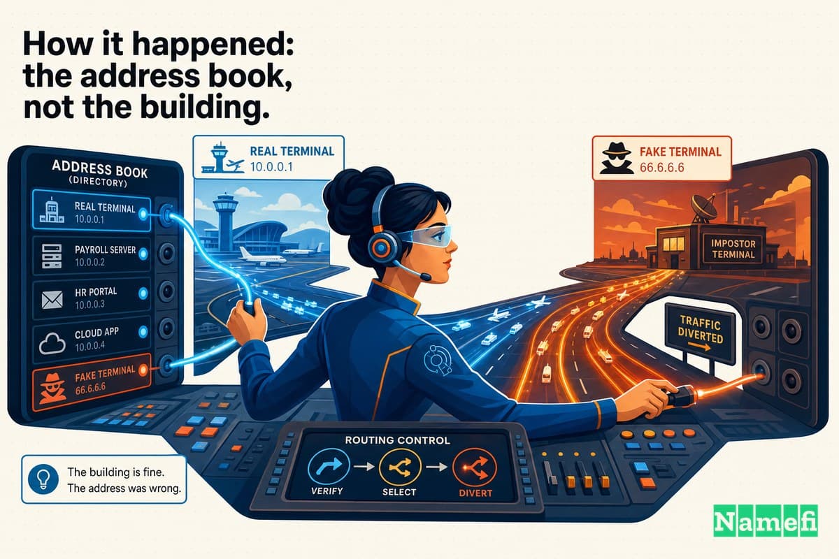 Vivid colorful concept art of a futuristic switchboard operator pulling a glowing cable from the correct socket and plugging it into a fake one, streams of light-traffic diverting off a runway toward an impostor terminal, electric blues and warm orange
