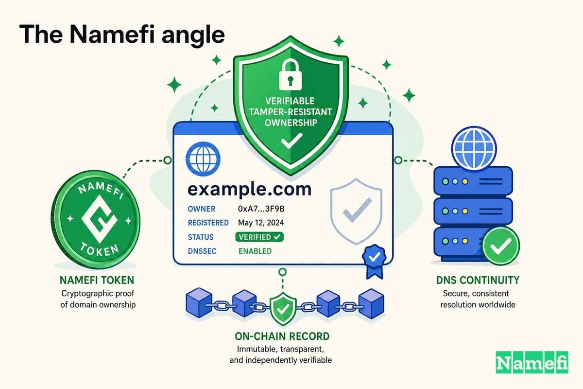 Colorful illustration of verifiable, tamper-resistant domain ownership — a domain card secured by a green shield, a green Namefi token, and DNS continuity