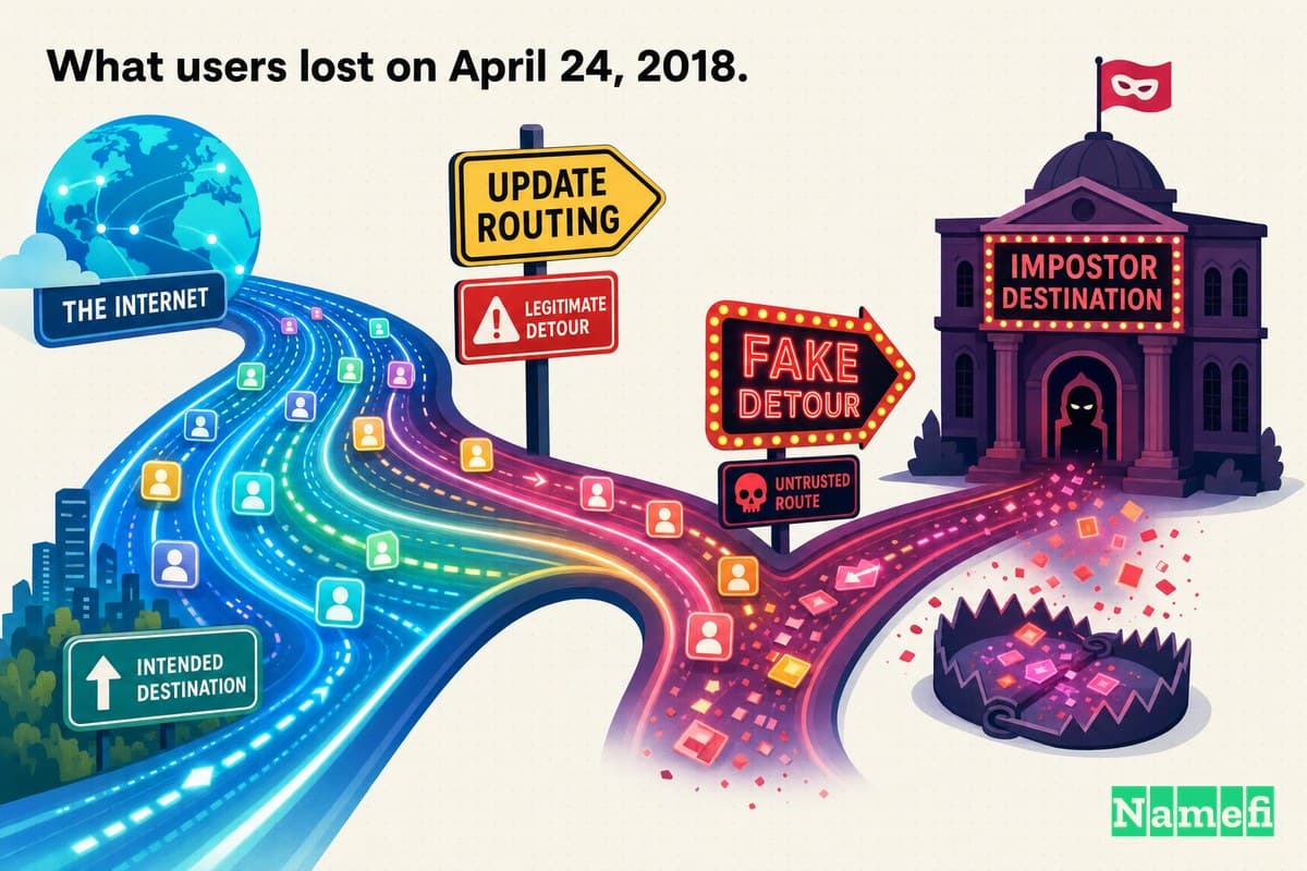 Vivid colorful concept art of internet traffic flowing along a glowing data highway, suddenly diverted by a counterfeit detour sign onto a fake road leading to an impostor building, packets of light scattering into a trap