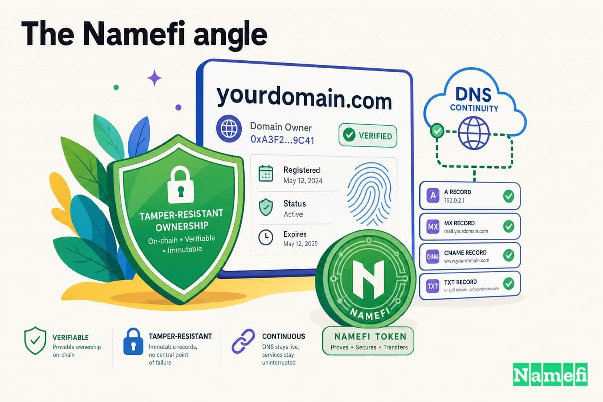 Colorful illustration of verifiable, tamper-resistant domain ownership — a domain card secured by a green shield, a green Namefi token, and DNS continuity