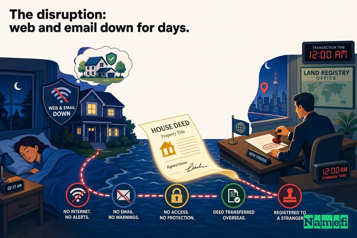 Vivid colorful concept art of a house deed being quietly re-registered to a stranger overseas while the rightful owner sleeps, a glowing paper title sliding across an ocean toward a foreign desk stamped at midnight