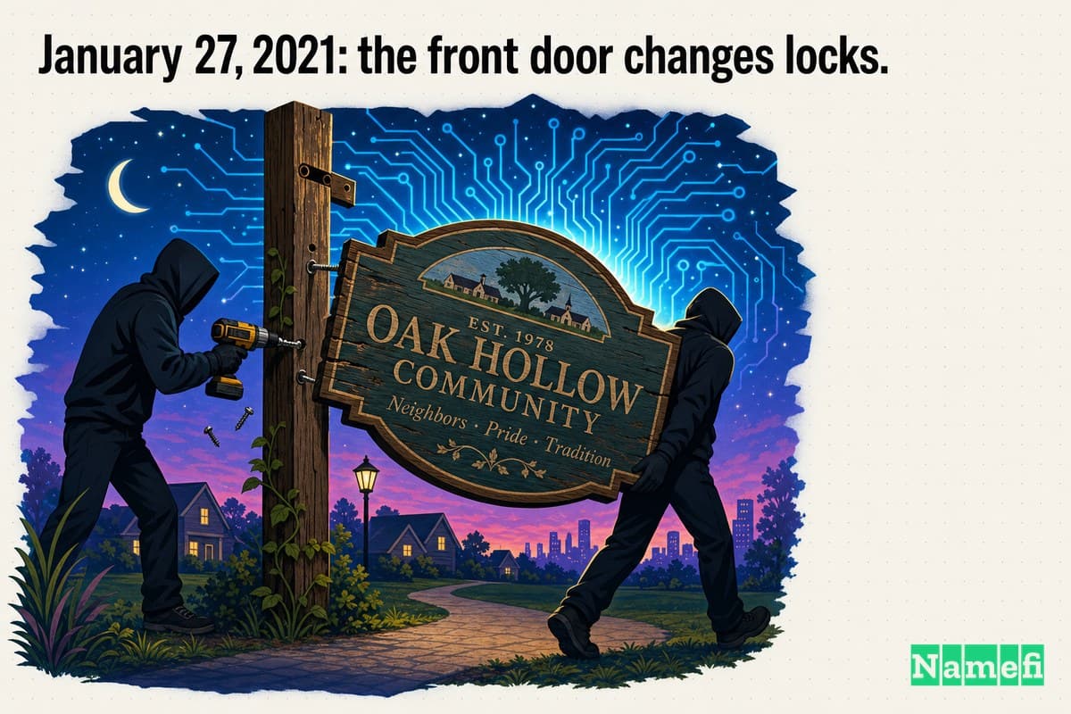 Vivid colorful concept art of a decades-old wooden community signpost being quietly unscrewed from its post at night and carried off, against a glowing circuit-board sky