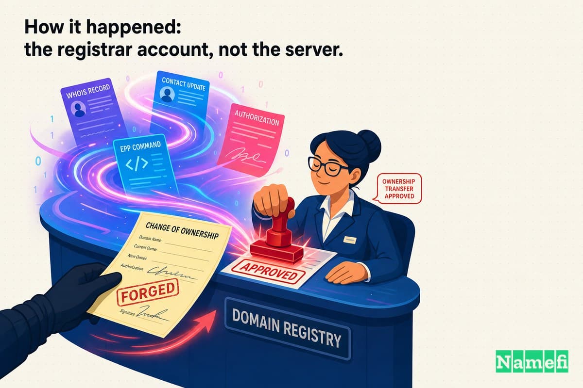 Vivid colorful concept art of a forged change-of-ownership slip being slid across a registry service desk, an official rubber stamp glowing red, paperwork swirling in neon light — no brand logos