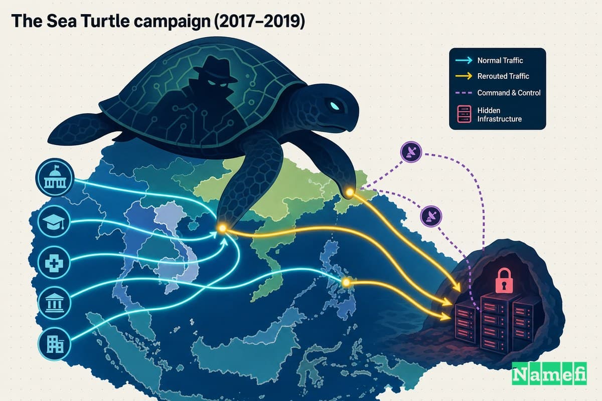 Vivid colorful concept art of a shadowy state actor silhouetted as a turtle quietly rerouting glowing arrows across a stylized map of a region, neon network lines bending toward hidden servers