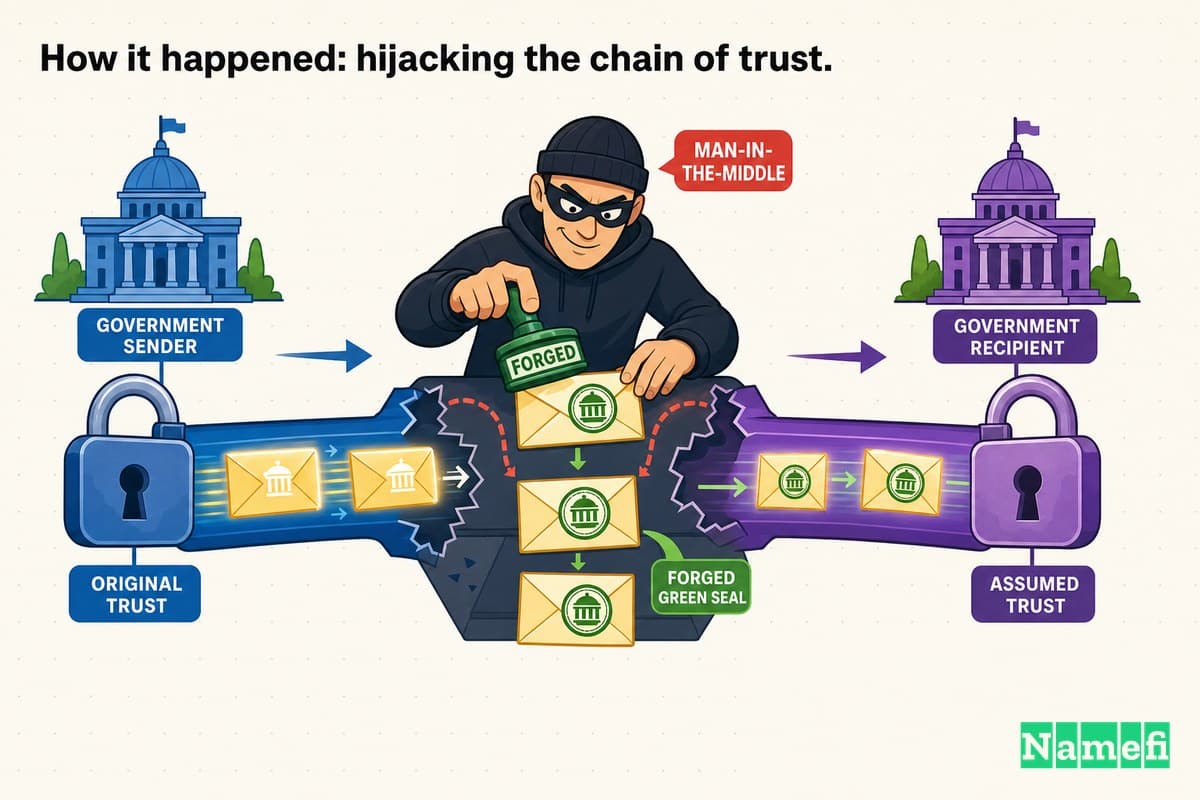 Vivid colorful concept art of a man-in-the-middle figure intercepting a stream of glowing government envelopes and stamping each with a forged green seal before passing them on, two padlocks facing each other across a fractured pipeline