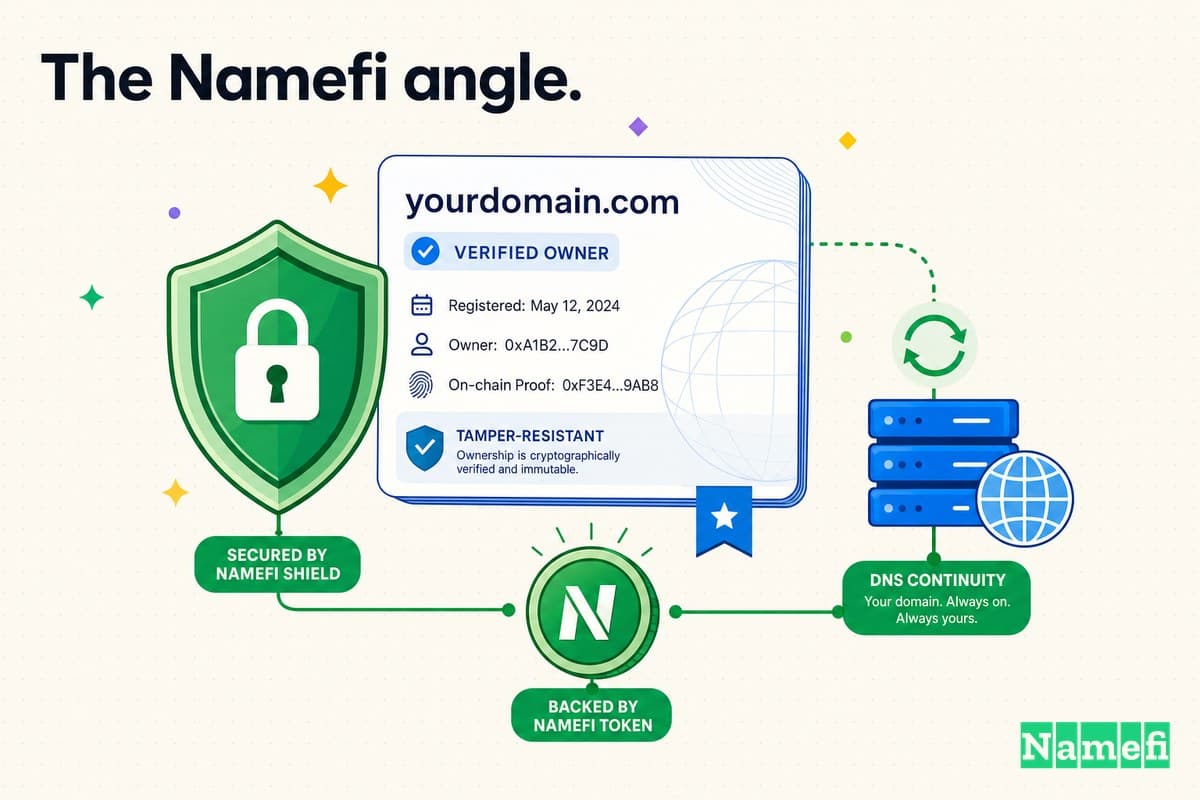 Ilustración colorida de propiedad de dominio verificable y resistente a manipulaciones — una tarjeta de dominio asegurada por un escudo verde, un token Namefi verde y continuidad DNS