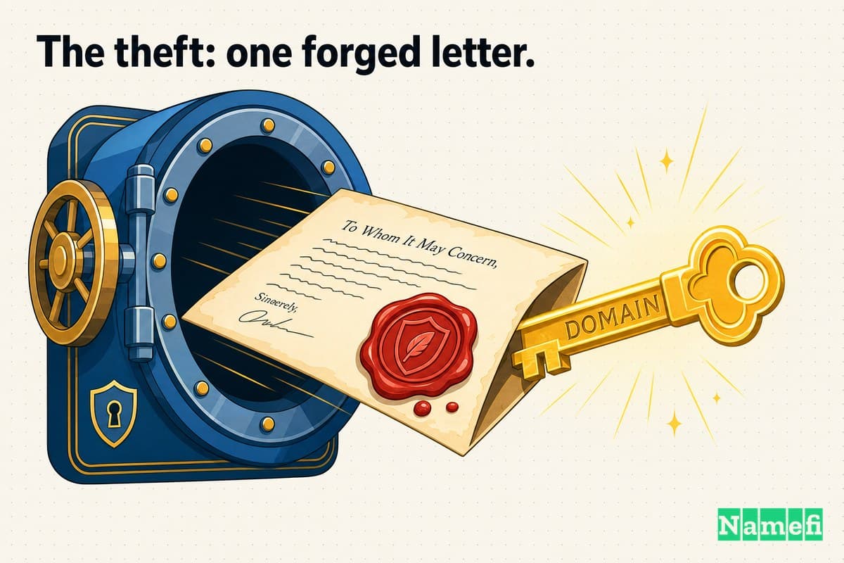 Vivid colorful concept-art illustration of a forged paper letter sealed with a red wax stamp, sliding a glowing golden domain key out of a locked vault