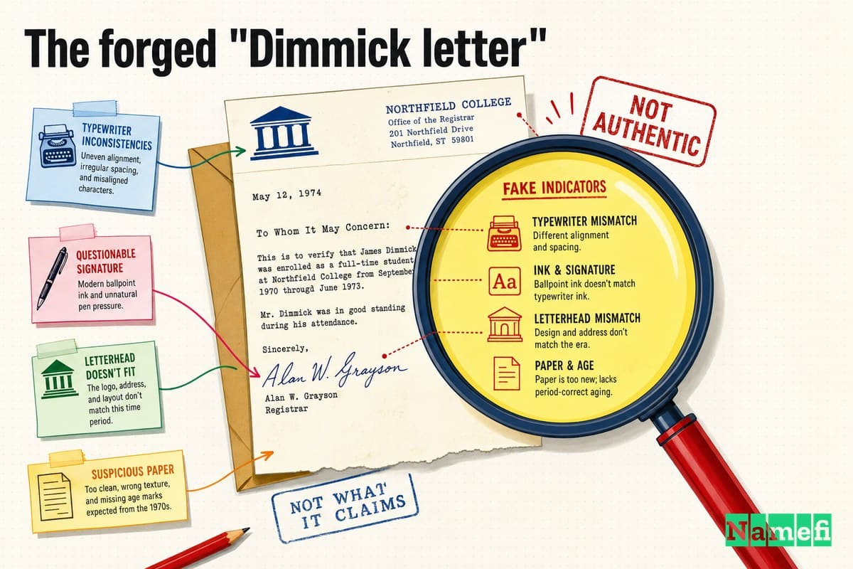 Vivid colorful concept-art illustration of an amateurish typewritten letter with a clumsily forged signature and a mismatched letterhead, glowing under a magnifying glass that reveals it as fake
