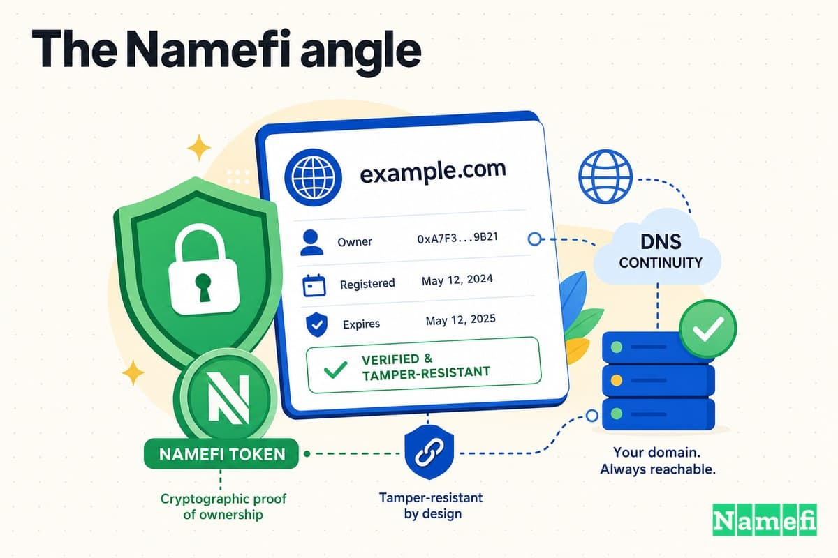 Colorful illustration of verifiable, tamper-resistant domain ownership — a domain card secured by a green shield, a green Namefi token, and DNS continuity
