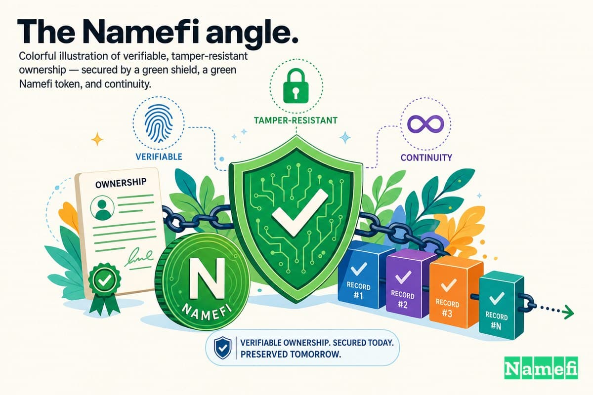 Farbenfrohe Illustration von verifizierbarem, manipulationssicherem Eigentum — gesichert durch ein grünes Schild, einen grünen Namefi-Token und Kontinuität