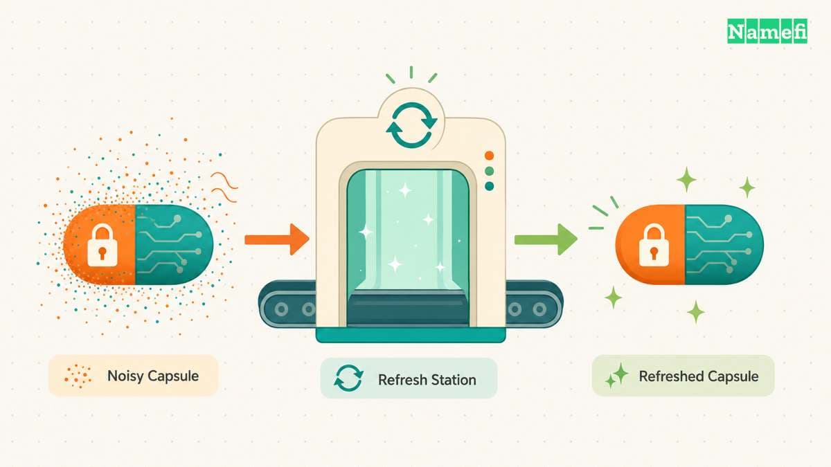 A noisy encrypted capsule is refreshed while staying locked throughout the process