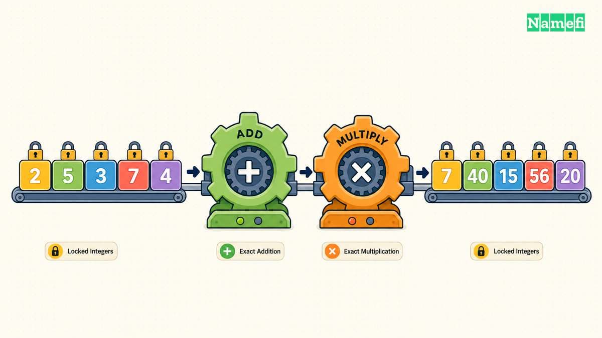 Locked integer slots pass through exact addition and multiplication gears in a BFV illustration