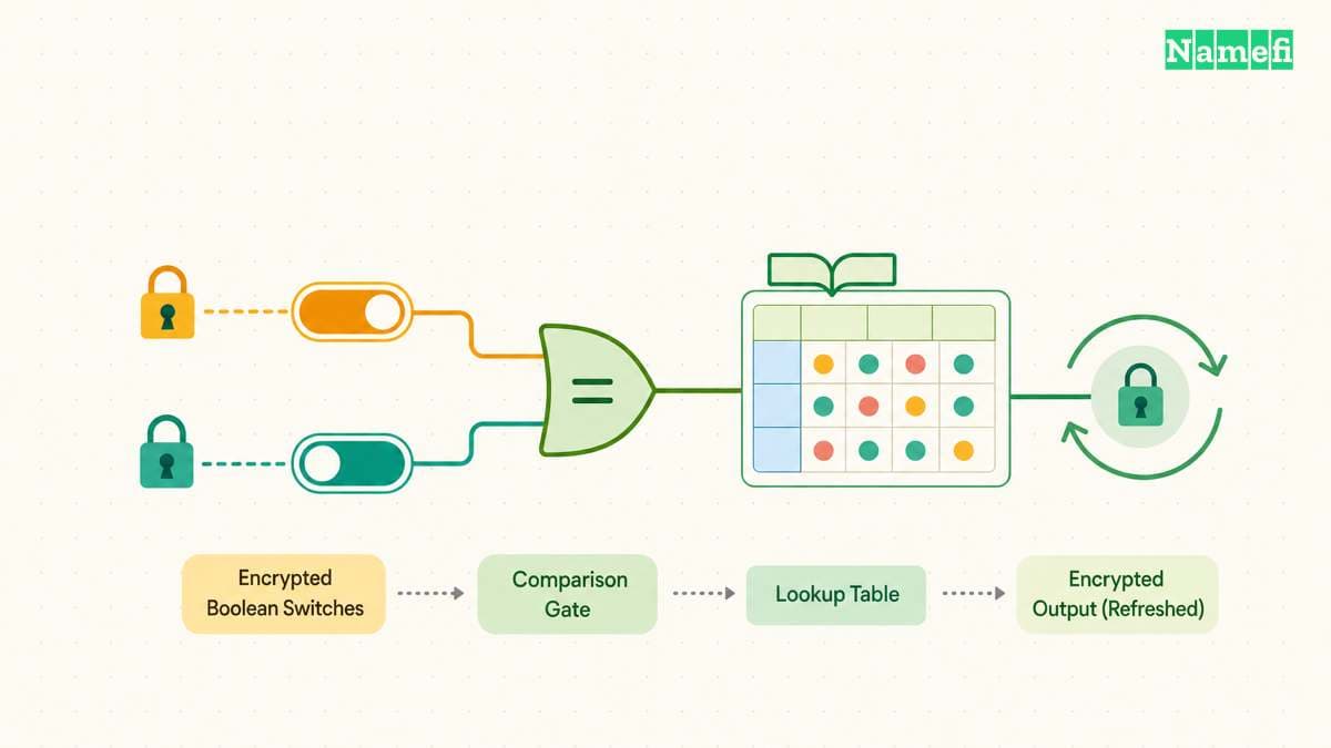 Encrypted Boolean switches feed a comparison and lookup before the ciphertext is refreshed