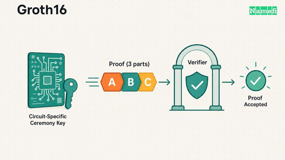 A circuit-specific key, three-part proof, and verifier show Groth16's compact verification path