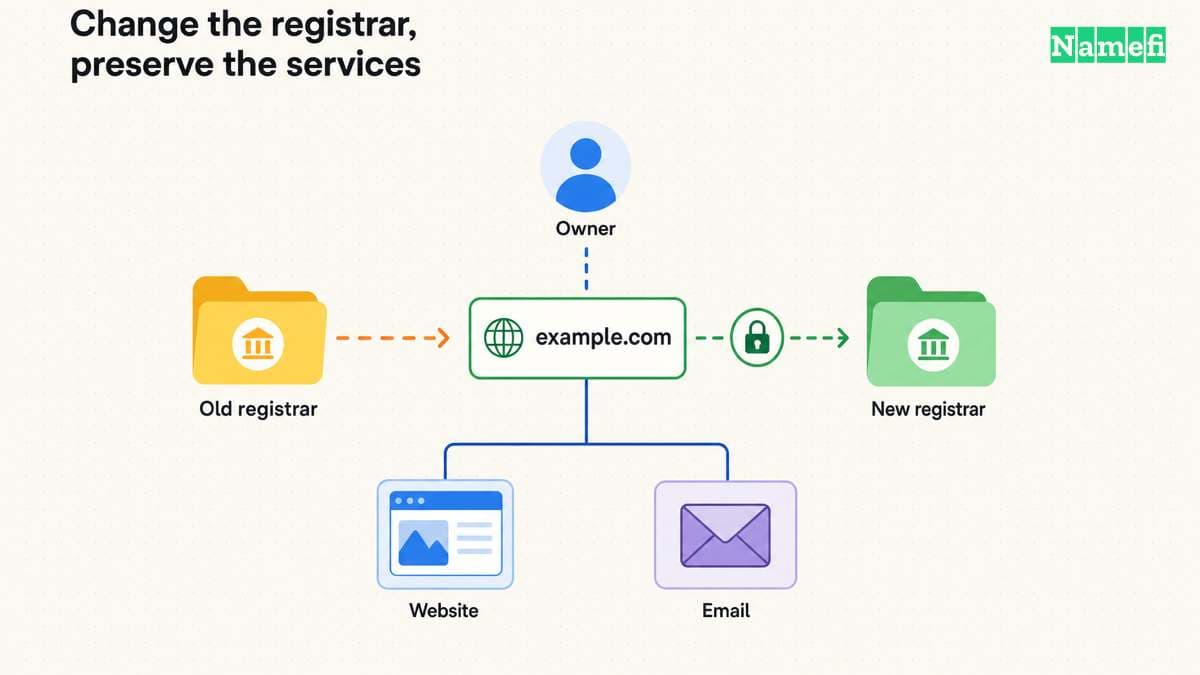 One domain holder changes registrars while website and email services are checked separately.
