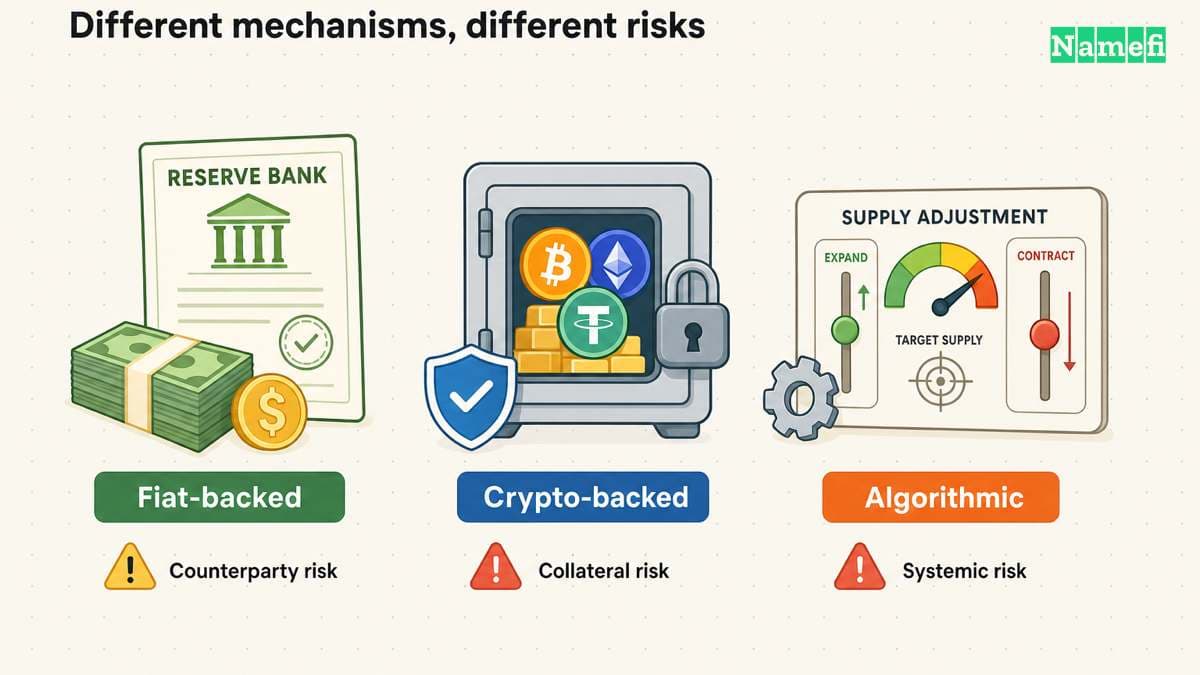 Fiat-backed, crypto-backed, and algorithmic mechanisms expose holders to different risks.