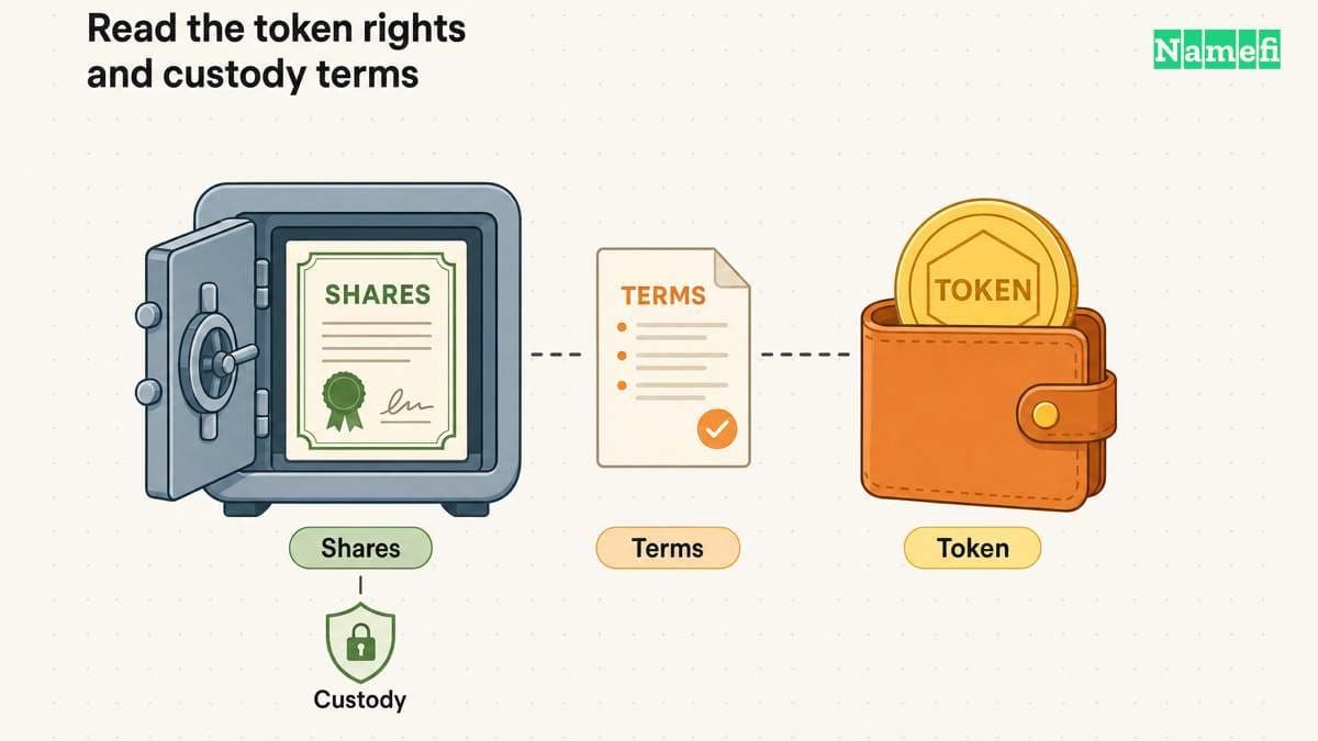 Read the token terms to understand the connection between custody, shares, and token rights.