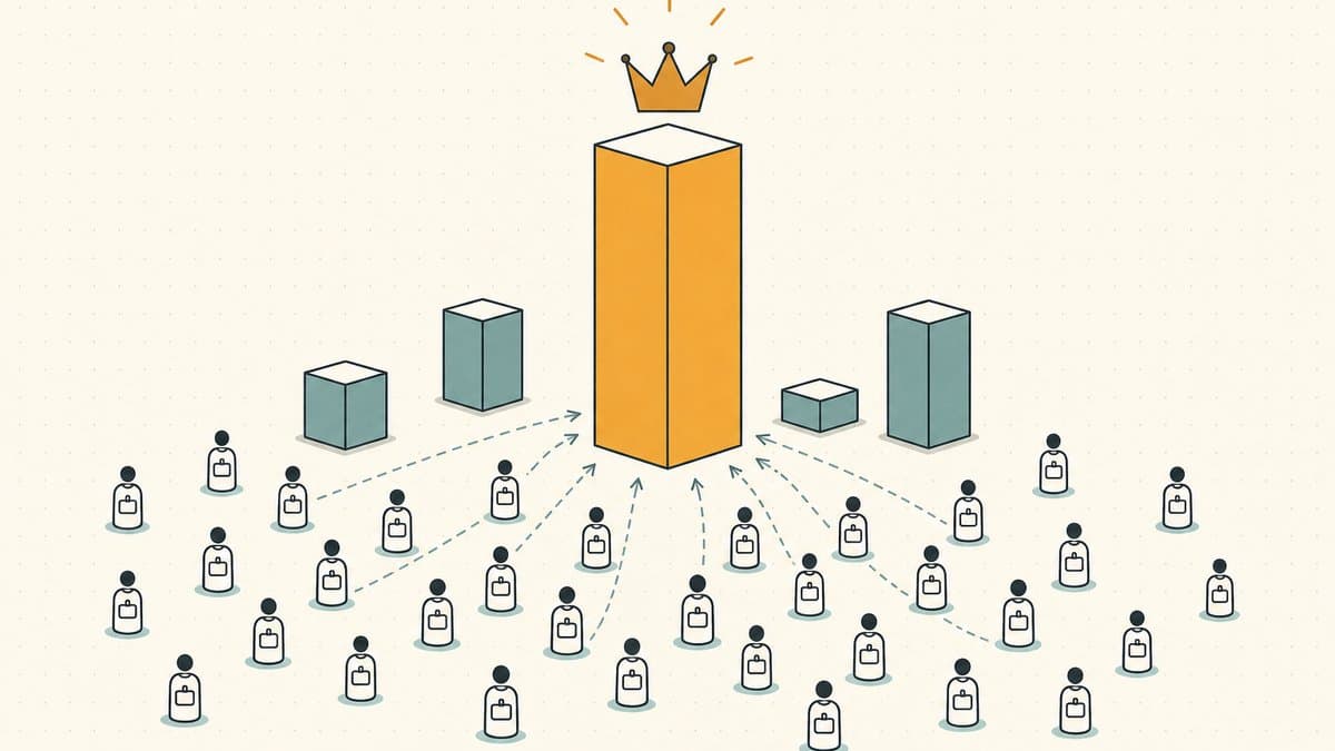 Editorial illustration of one tall crowned pedestal towering above smaller ones as a crowd of name tags gravitates toward the dominant default extension