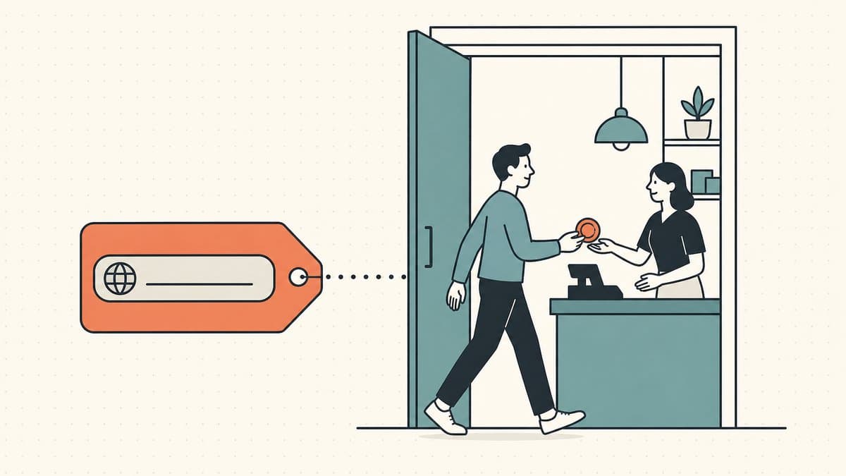Editorial illustration of a domain tag linked to a storefront doorway where a coin changes hands at the checkout, showing a word sitting next to a transaction