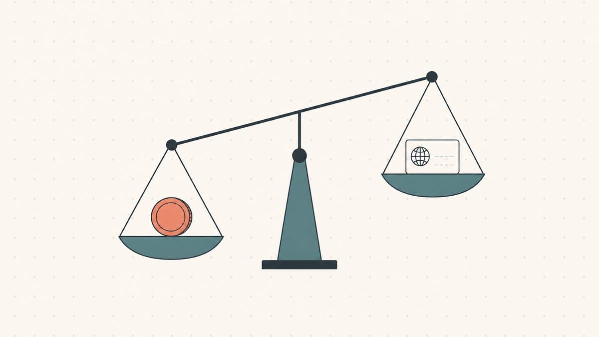 Editorial illustration of a balance scale weighing a single renewal coin against the slim resale odds of a domain card