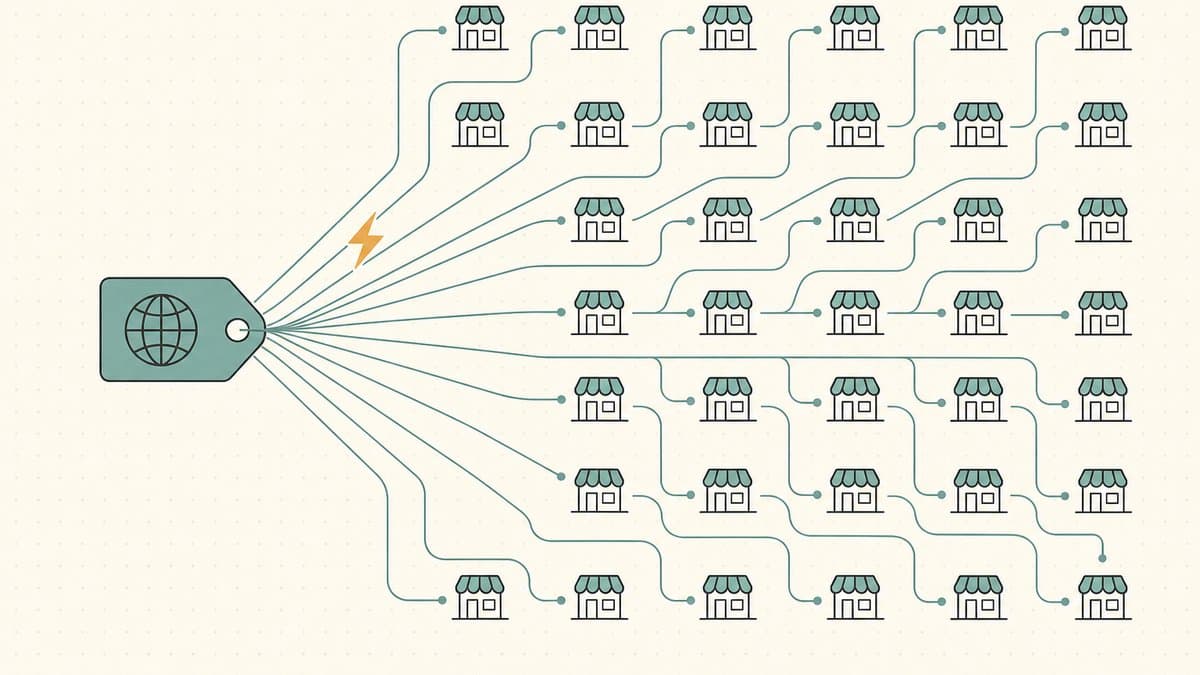 Editorial illustration of a single domain-name tag fanning out across thin route lines to a large grid of marketplace storefront icons, with a lightning bolt marking instant fast transfer