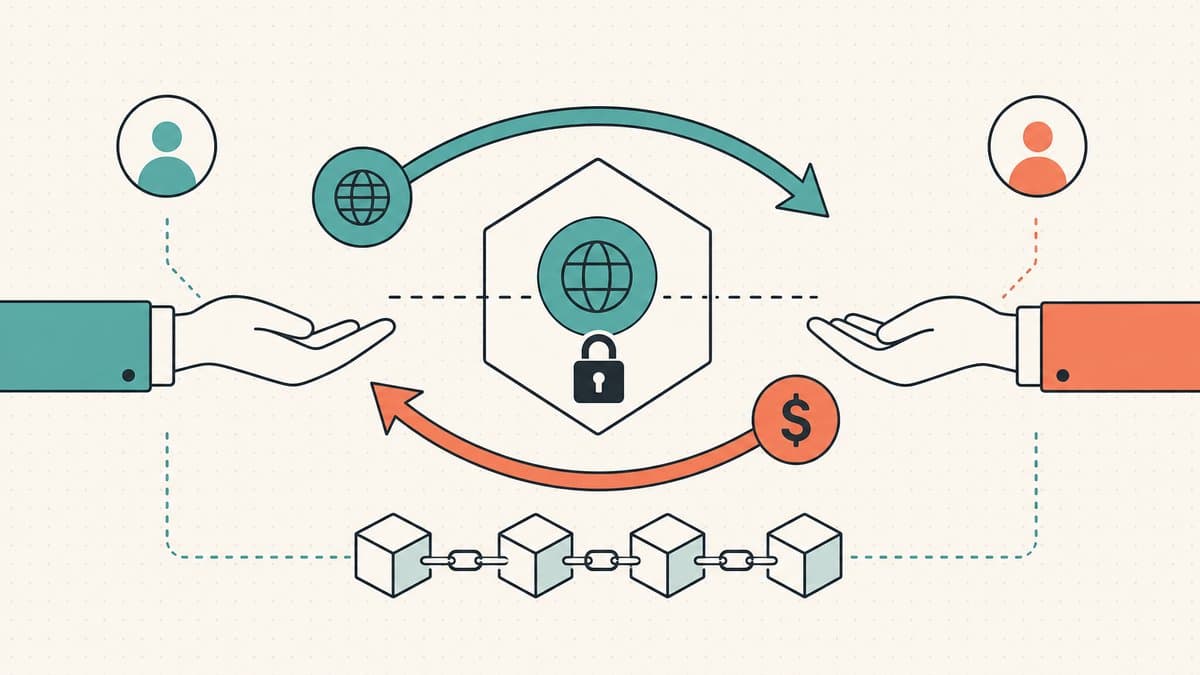Editorial illustration of a buyer and seller swapping a domain token and payment atomically through a locked smart-contract hexagon, with a blockchain motif below