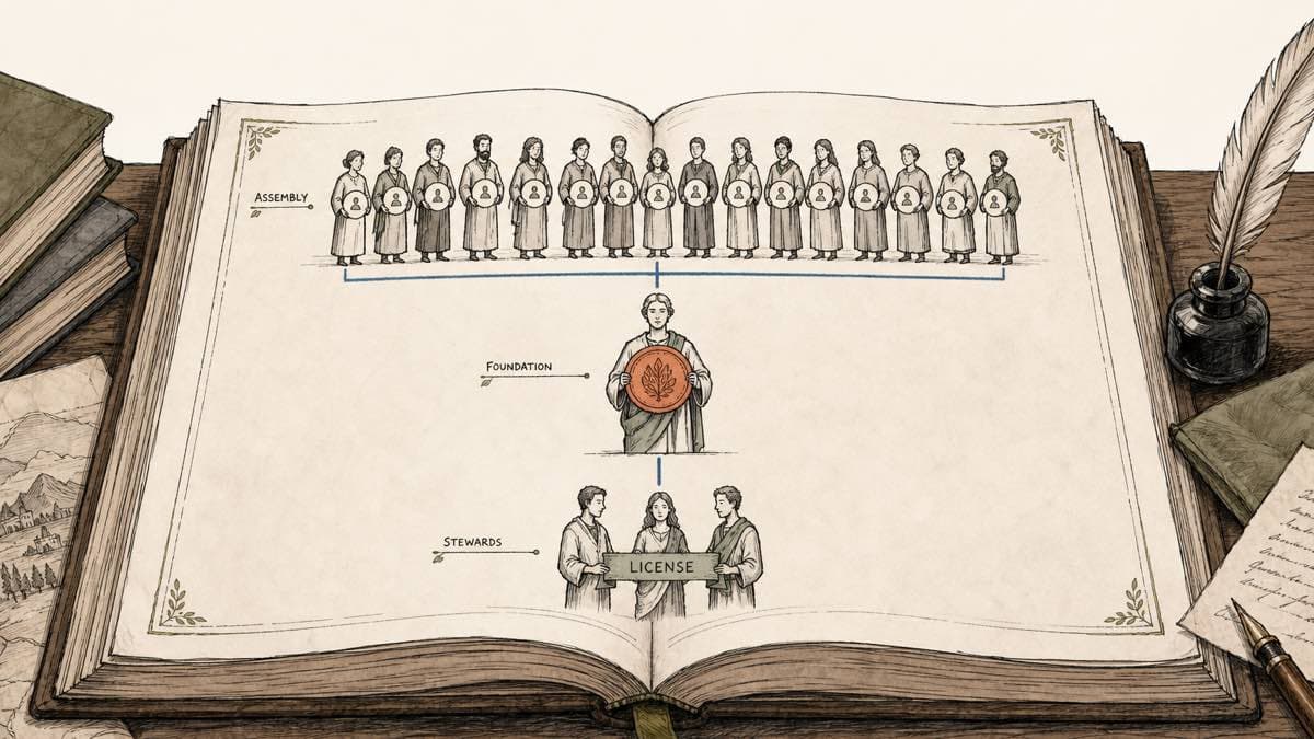 A bound charter open on a table, a clear org chart drawn on it separating a token-holder assembly, a foundation holding a brand seal, and a working team licensed beneath them