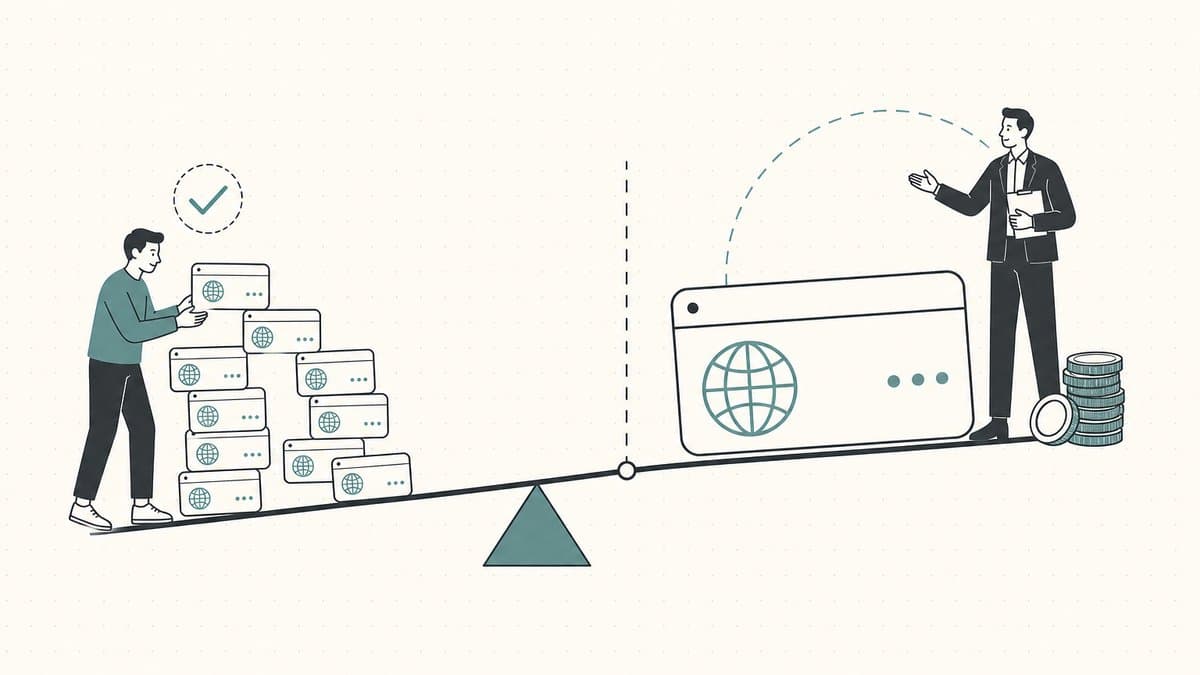 Editorial illustration of a balance scale weighing many small do-it-yourself domain sales against a single high-value name that crosses a threshold into a broker's zone with stacked coins for the fee