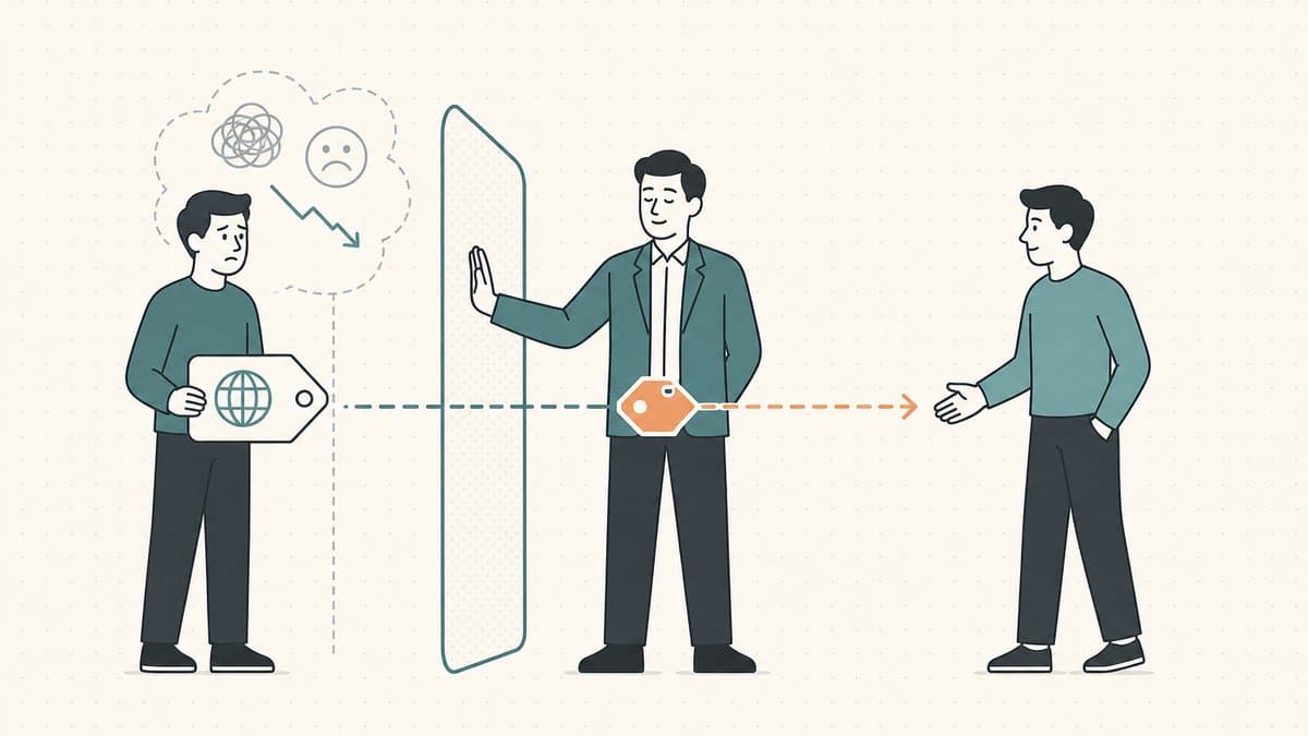 Editorial illustration of a broker standing as a buffer between an anxious seller and a calm buyer, holding up a screen that hides the seller's emotions while a clean negotiation line carries a price through to the other side