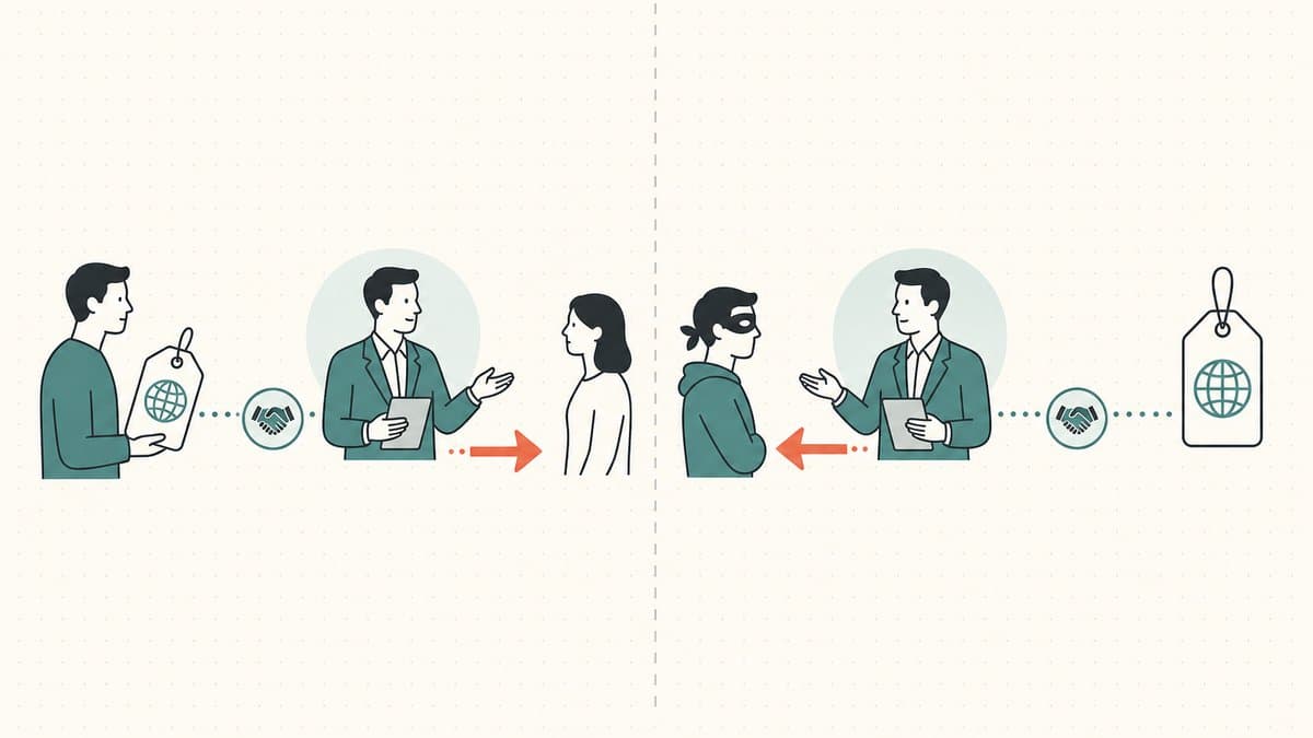 Editorial illustration of two mirrored brokerage flows: on the left a sell-side broker reaching out to a buyer, on the right a buy-side broker working anonymously for a masked client to acquire a held domain