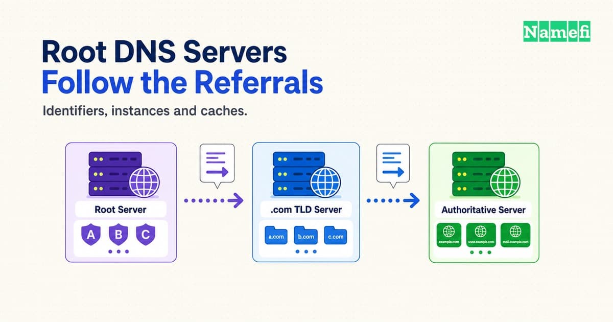 Root DNS servers direct resolvers toward top-level domains